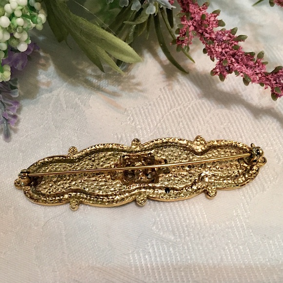 Vintage Gold Black Enamel Rhinestone Pearl Brooch - Picture 5 of 5